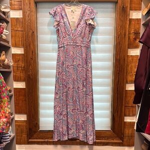 Sail to Sable Pink and Purple Maxi Dress with Flutter Cap Sleeves